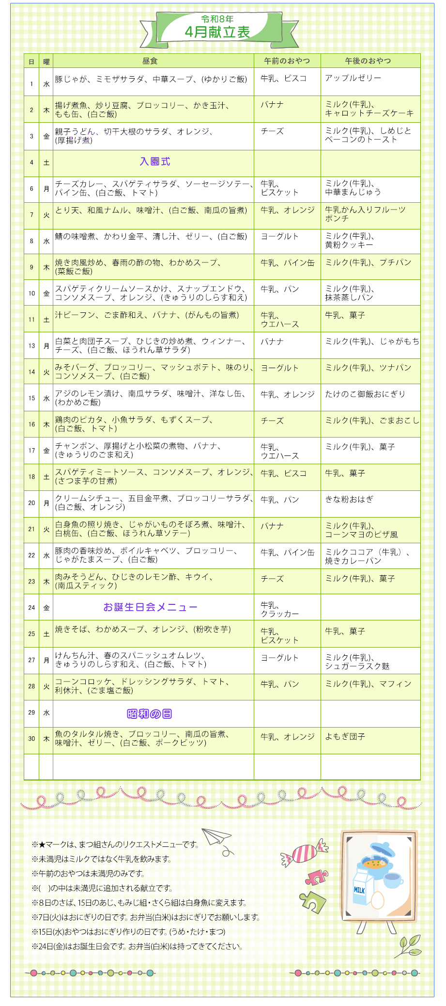令和8年4月の献立表